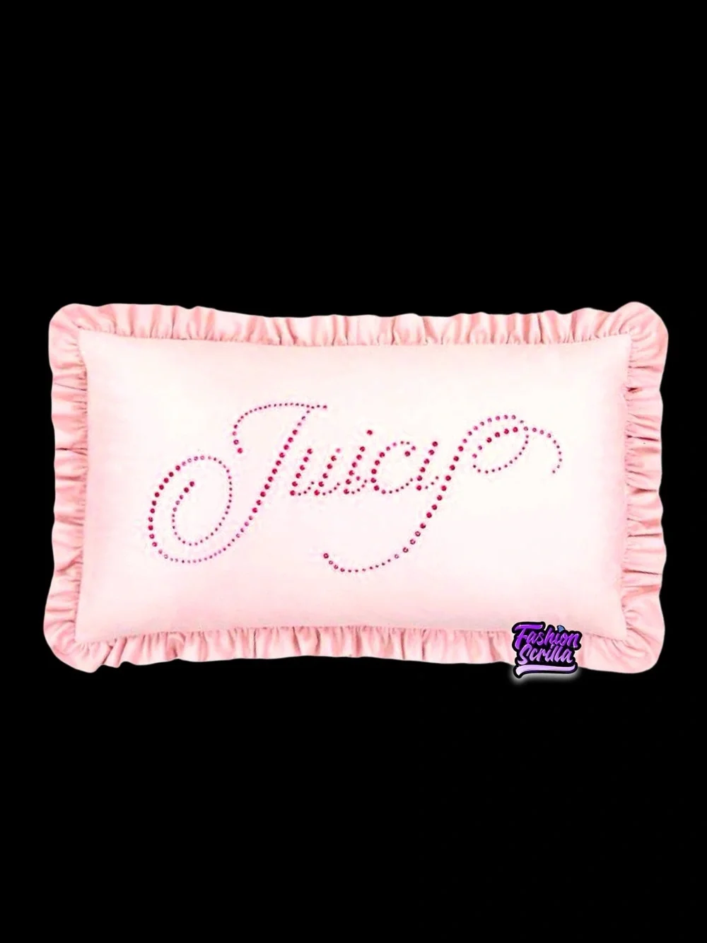 Juicy Couture Y2K Velour Velvet Baby Pink Ruffles Big Bling Crystal Logo Pillow